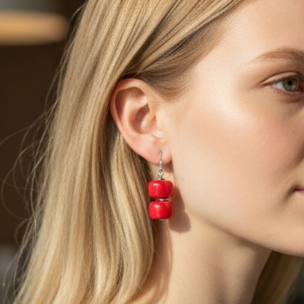 4/$20 - Premier Designs Bright Red Double Bead Drop Earrings (BR7776)